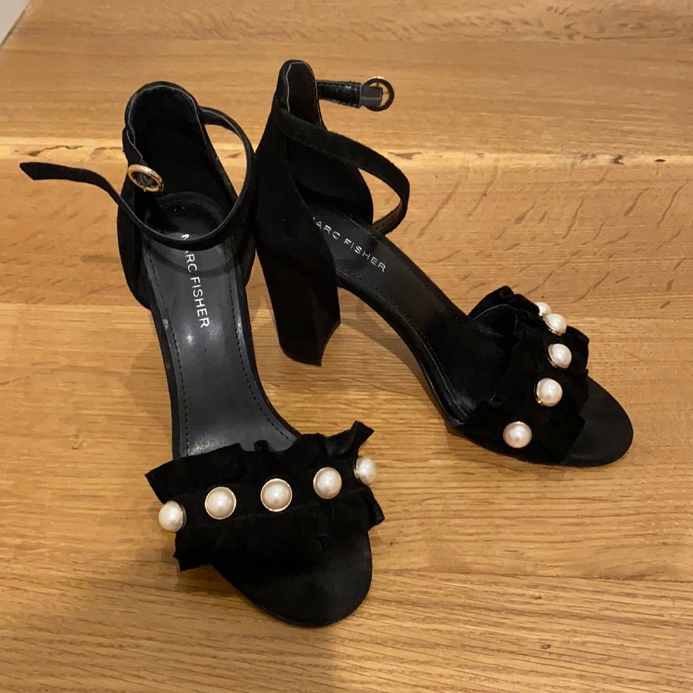 Marc Fisher Suede ruffle pearl sandal heels